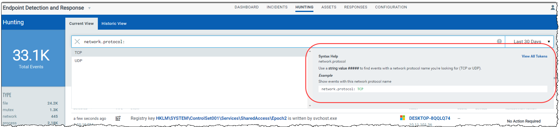 A property selected from the list for sample query in search box on the Hunting tab.