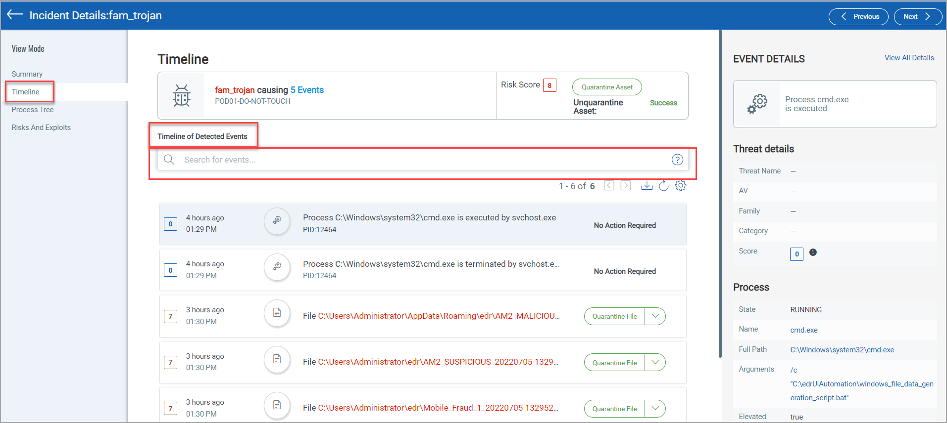 Timeline actions in Incident Details