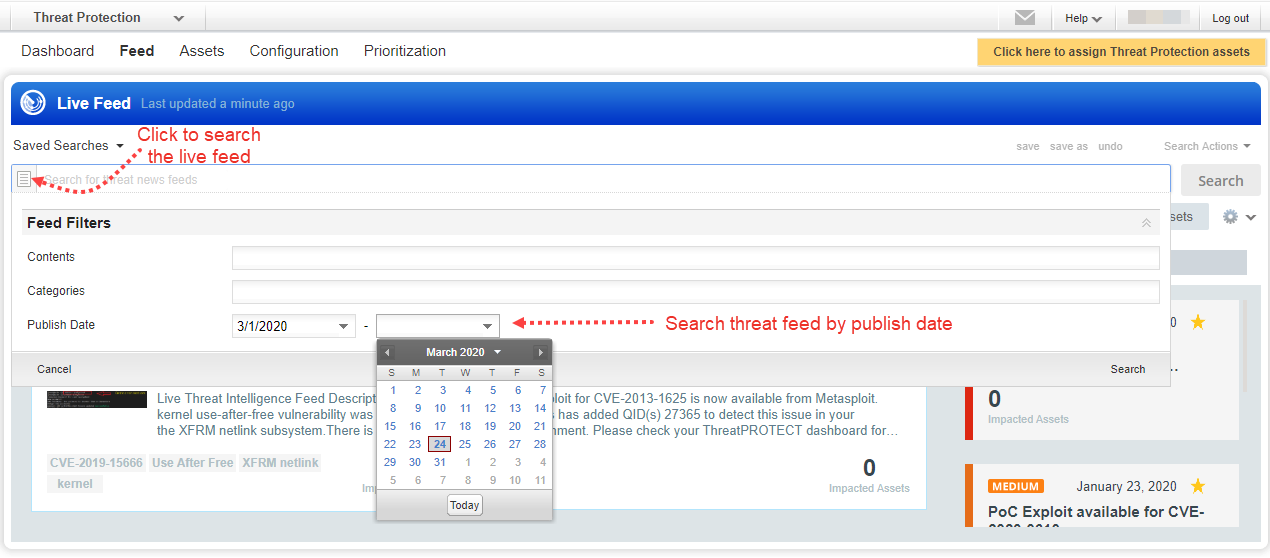 Search and filter options for live feed.