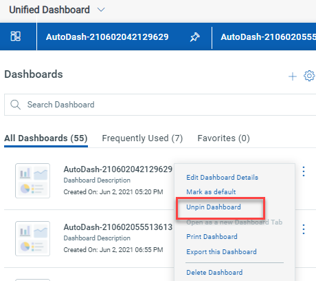 Unpin dashboard