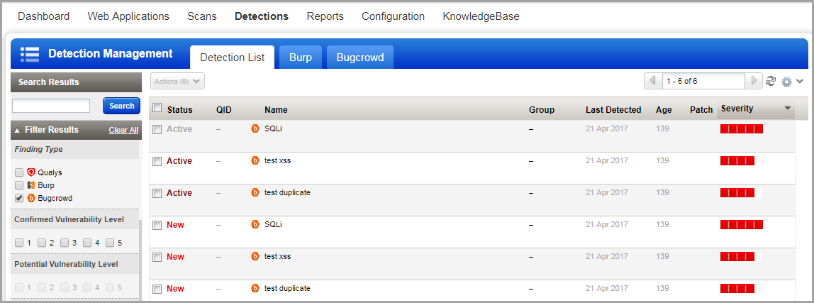 Use Bugcrowd filter  to view list of only bugcrowd detections.
