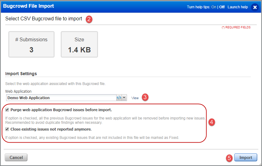 Bugcrowd Import settings with purge options.