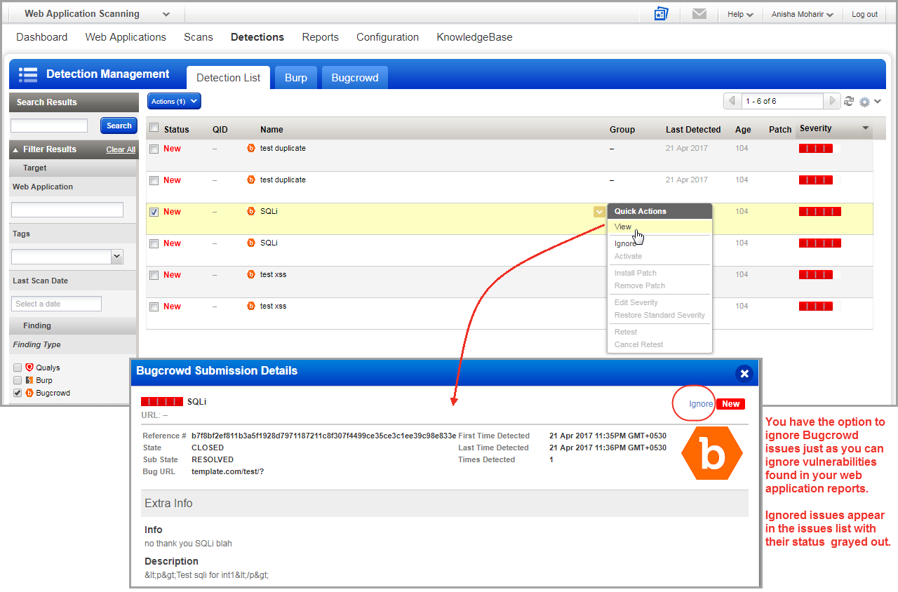 Bugcrowd submission details displayed on selecting the detection from the detection list.