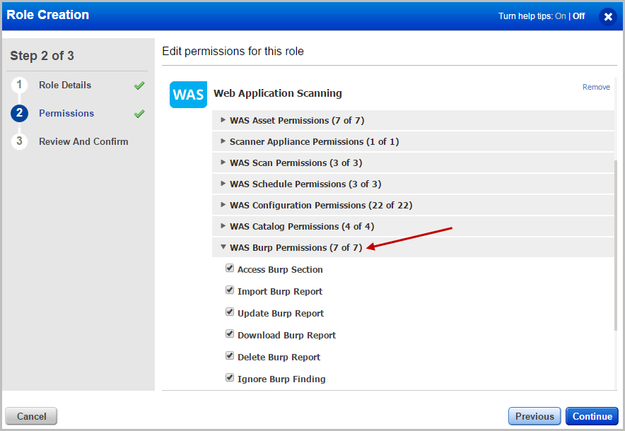 List of various permissions related to burp in WAS.