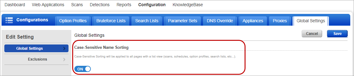 Setting to configure case-sensitive name sorting in Global Settings.