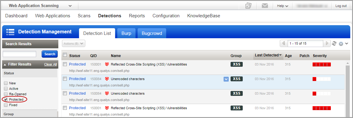 Protested filter in filter pane of Detection list tab.