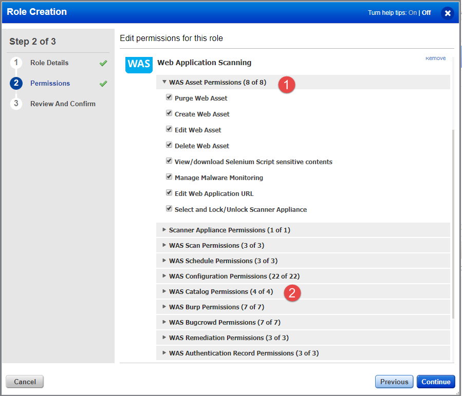 List of various permissions related to WAS assets.