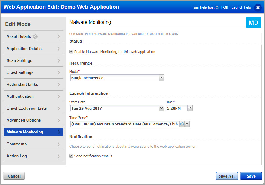 Malware monitoring options that you can configure when you create or edit a web application.