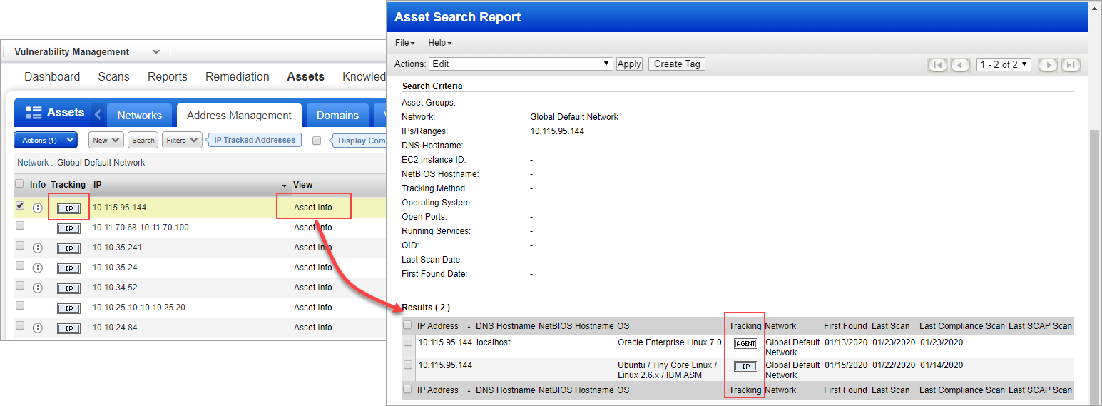 Asset Search Report with IP tracked by IP and agent