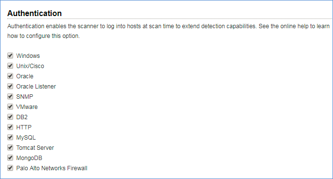 Authentication options in VM option profile