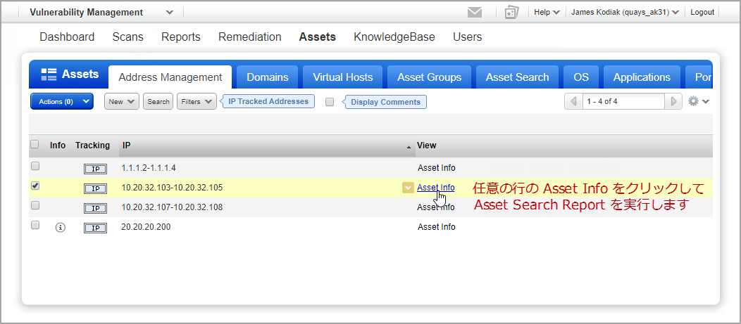 アセット検索レポートを実行するための「Asset Info」リンク