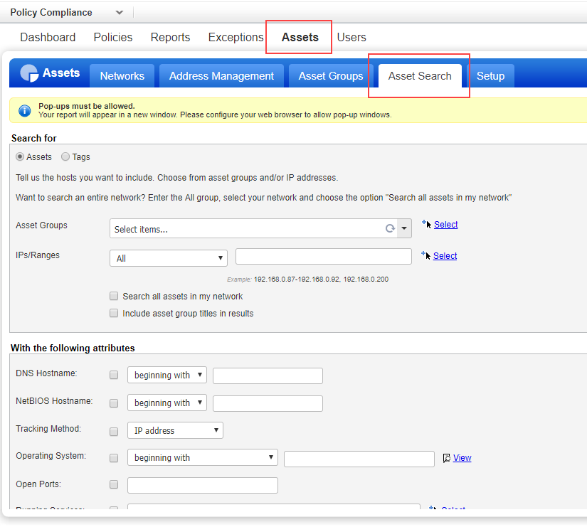 「Assets」の「Asset Search」タブ