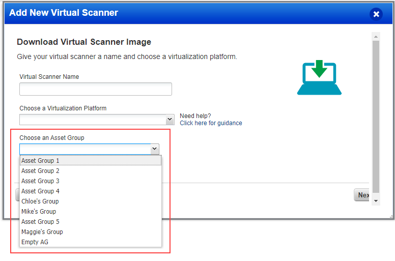 すべてのグループのリストから Virtual Scanner Appliance のアセットグループを選択します。