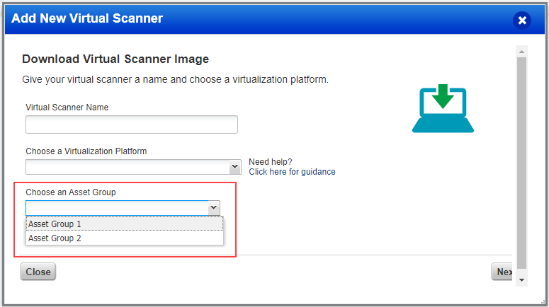 割り当てられたグループのリストから Virtual Scanner Appliance のアセットグループを選択します。