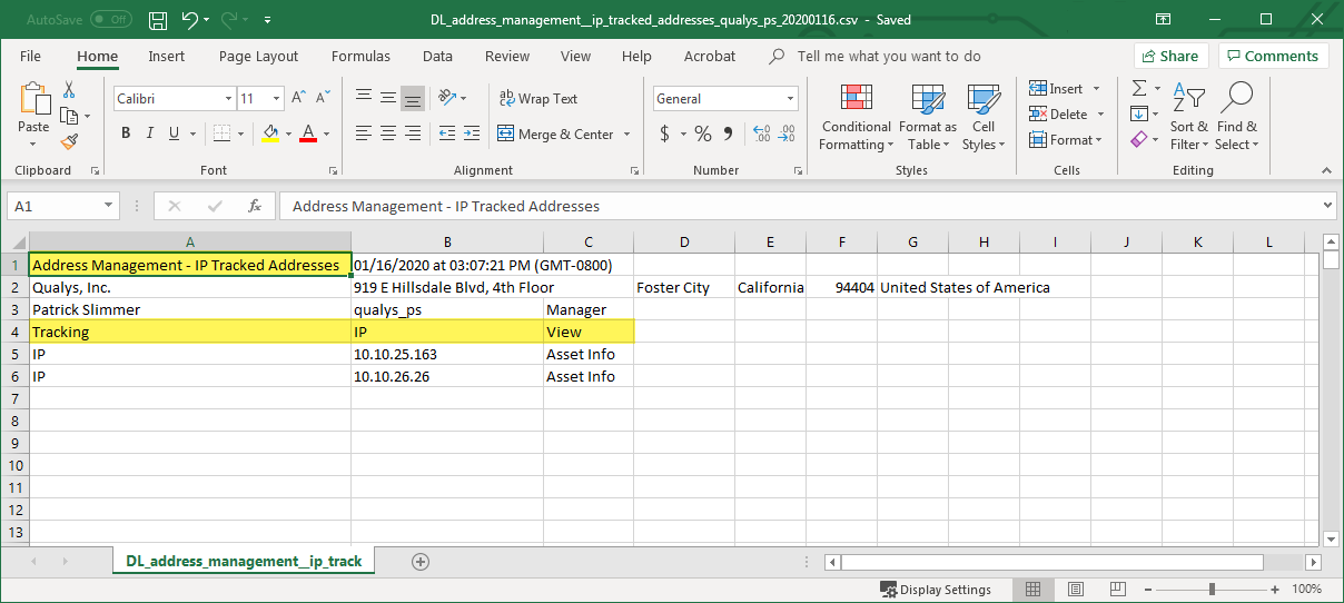 「Address Management」リストを CSV レポートとしてダウンロード