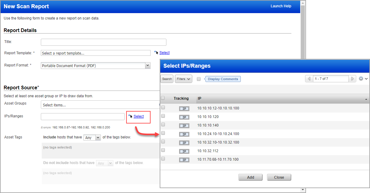 「Select IPs/Ranges」ウィンドウ