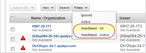 「Certificates」リストの「Heartbleed」フィルタ