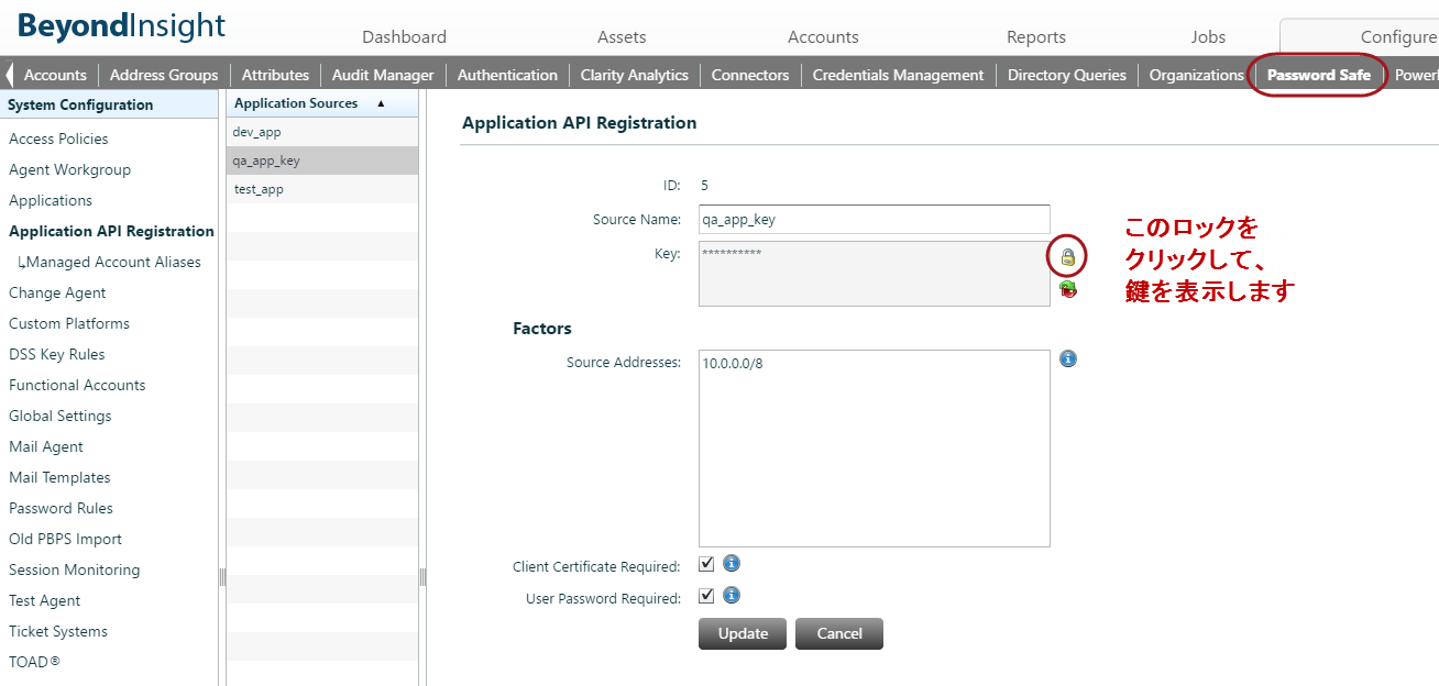 API Key を表示する BeyondInsight UI ロックアイコン