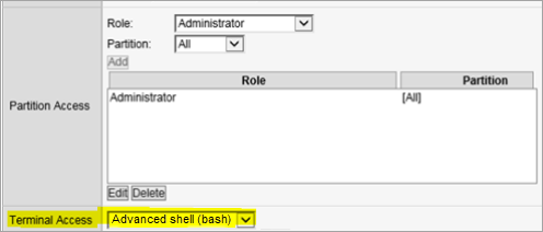 「Terminal Access」が「Advanced shell (bash)」に設定された F5 ロードバランサ設定画面