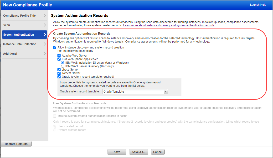 「Allow instance discovery and system record creation」が有効になっているプロファイル