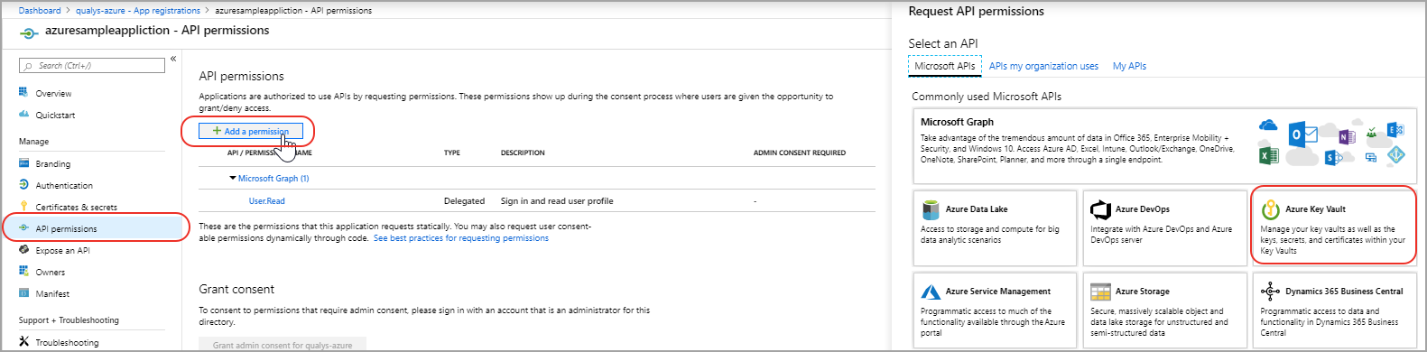 API パーミッションの「Azure Key Vault」オプション