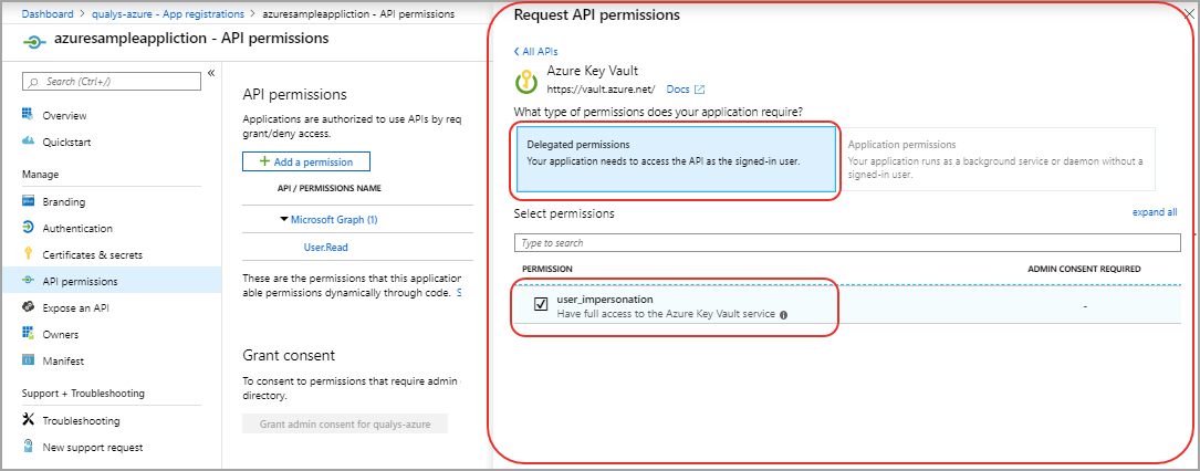 「Request API Permission」の「Delegated Permissions」オプション。