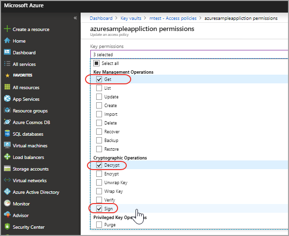 「Add access policy」の「Secret permissions」にあるアプリケーションに有効化された「Get」、「Decrypt」、および「Sign」パーミッション。