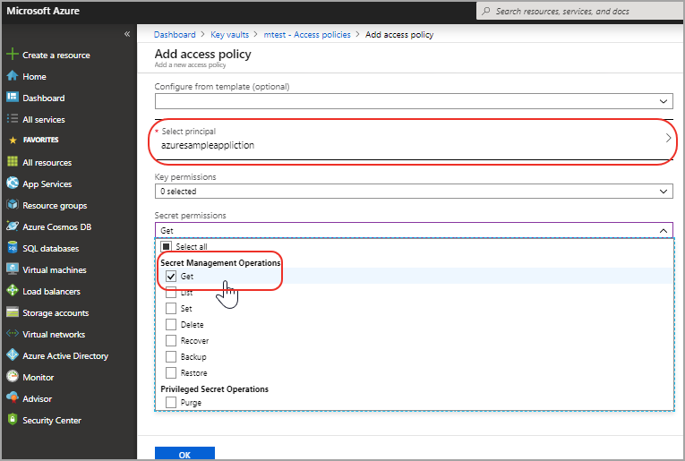 「Add access policy」の「Secret permissions」にあるアプリケーションに有効化された「Get」パーミッション。