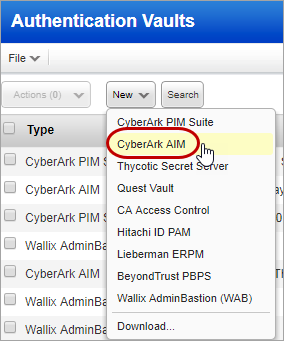 「Authentication Vaults」の「New」メニューの「CyberArk AIM」オプション