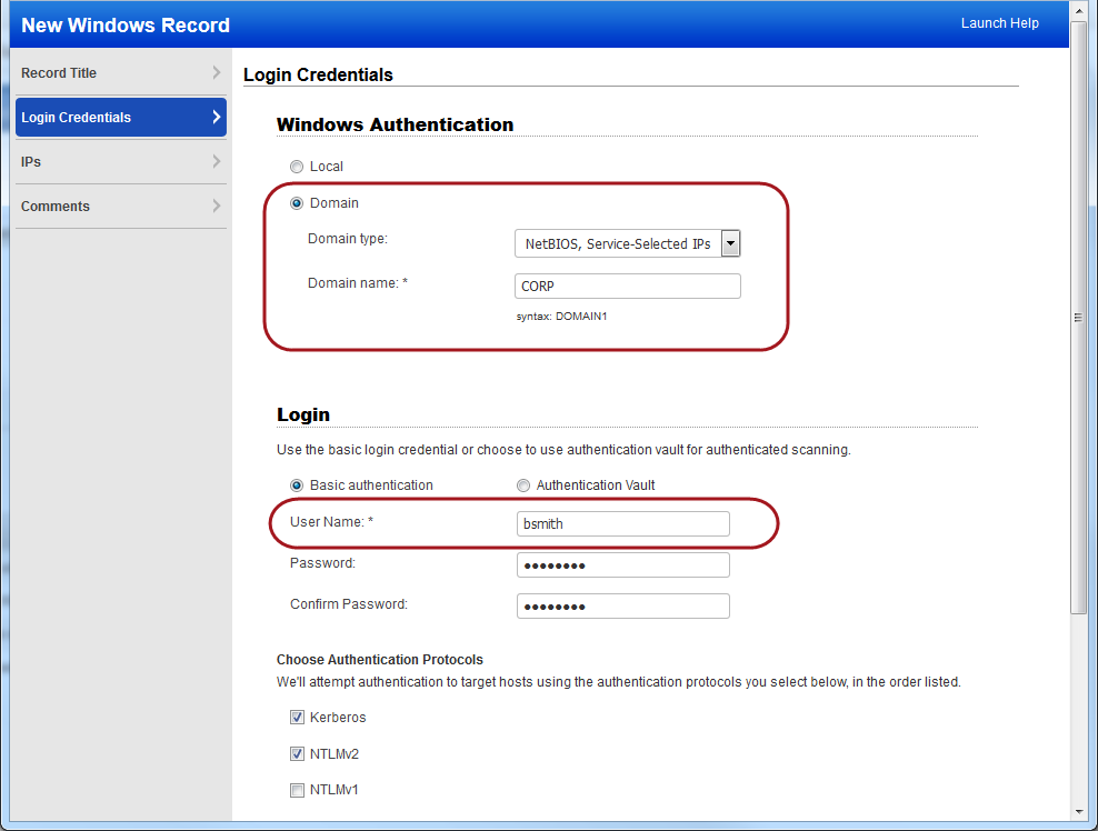 ドメインタイプ「NetBIOS, Service Selected IPs」、ドメイン名「CORP」、ユーザ名「bsmith」が指定されている Windows 認証レコードの例