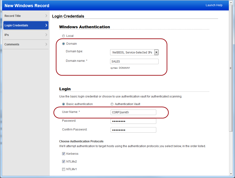 ドメインタイプ「NetBIOS, Service Selected IPs」、ドメイン名「Sales」、ユーザ名「CORP\bsmith」が指定されている Windows 認証レコードの例