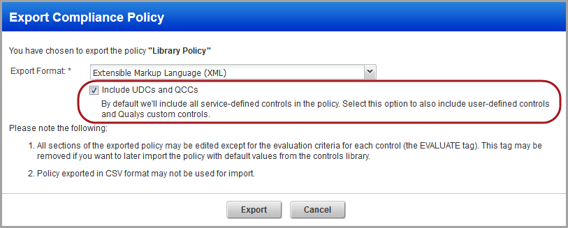 「Include UDCs and QCCs」チェックボックスが選択されている「Export Policy」