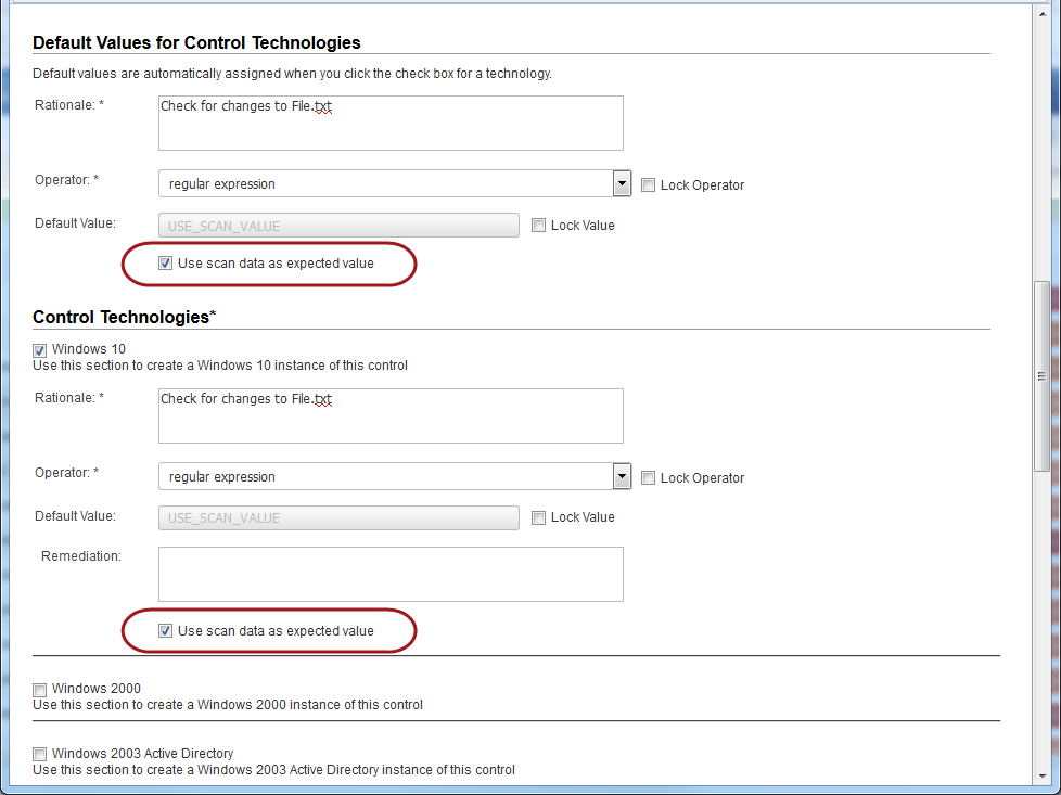 「Use scan data as expected value」が選択されている File Integrity UDC