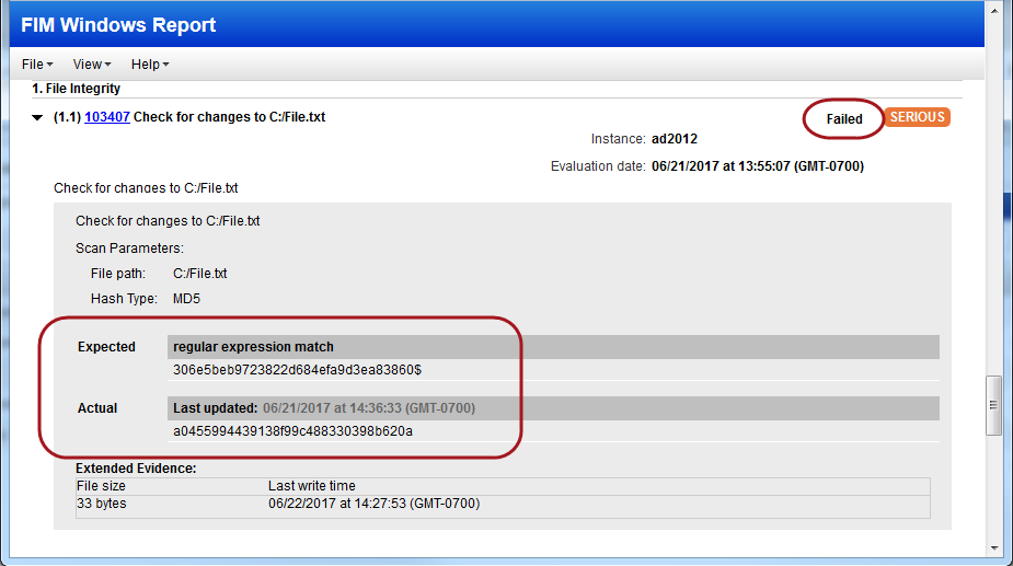 「Failed」ステータスが表示されているレポートの File Integrity Check