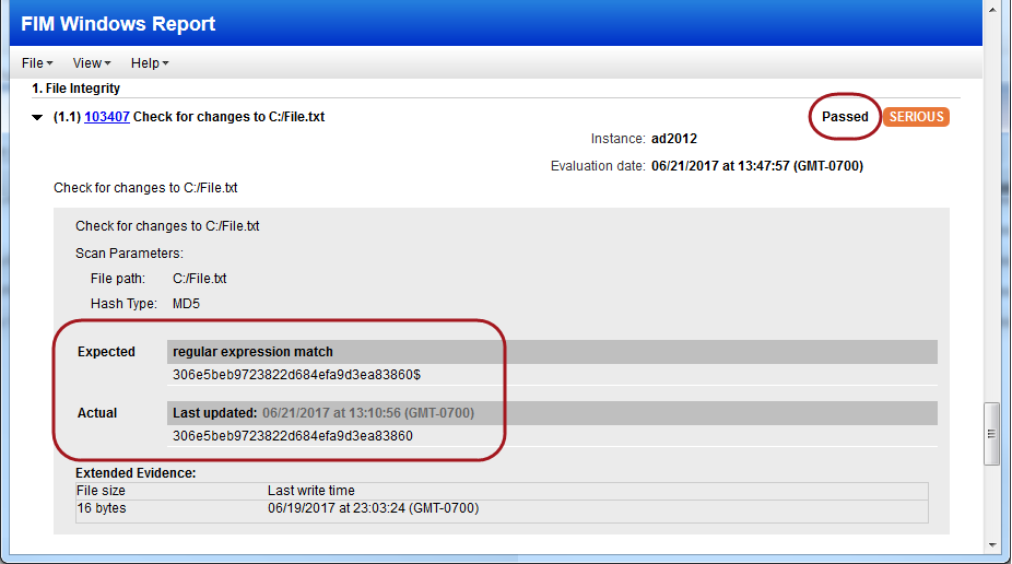 「Passed」ステータスが表示されているレポートの File Integrity Check