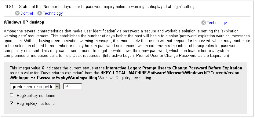 実際値が 14 以上に設定され、「RegTopKey not found」チェックボックスが選択されたポリシーの例