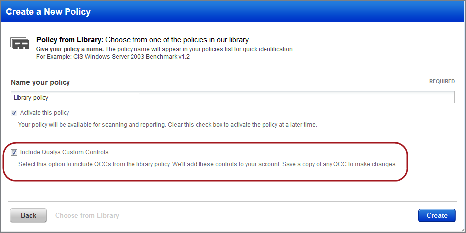 「Include Qualys Custom Controls」チェックボックスが選択されている「Import Policy」