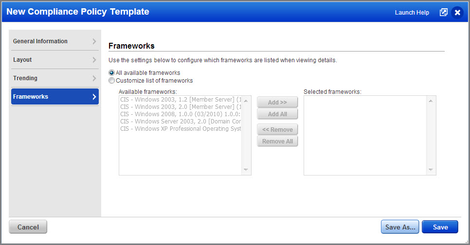 「Compliance Policy Template」にリスト表示された「Frameworks」