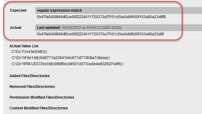 「Directory Integrity Check」が表示されたレポートの例 - 期待値と実際値が一致する場合（「Pass」）