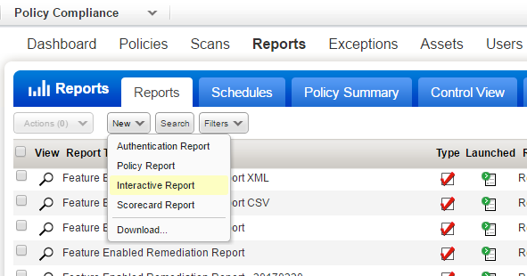 「Reports」の「New Interactive Report」メニューオプション