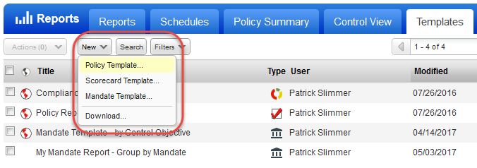 「New Policy Template」メニューオプション