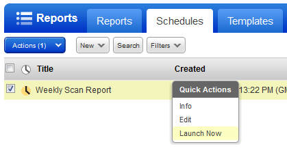レポートを今すぐ実行するための「Schedules」リストの「Launch Now」オプション