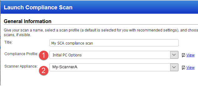 SCA スキャン設定 - 「Compliance Profile」および「Scanner Appliance」