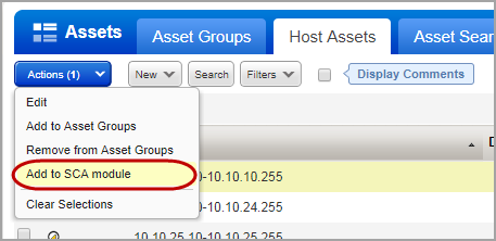 「Host Assets」タブの「Actions」メニューの「Add to SCA module」オプション