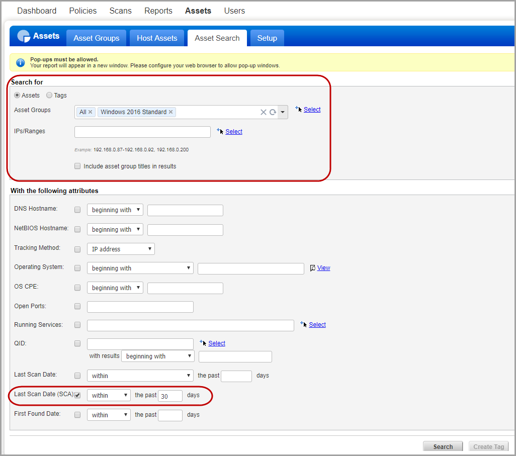 SCA アセット検索の「Asset Search」オプション