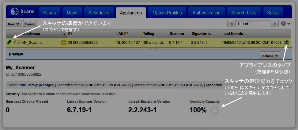 スキャナのステータス、アプライアンスのタイプ、スキャナの処理能力が表示された「Appliances」タブ
