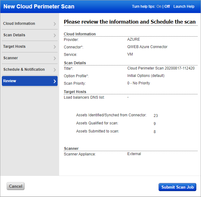 Azure VM スキャンのスキャン設定を確認します。