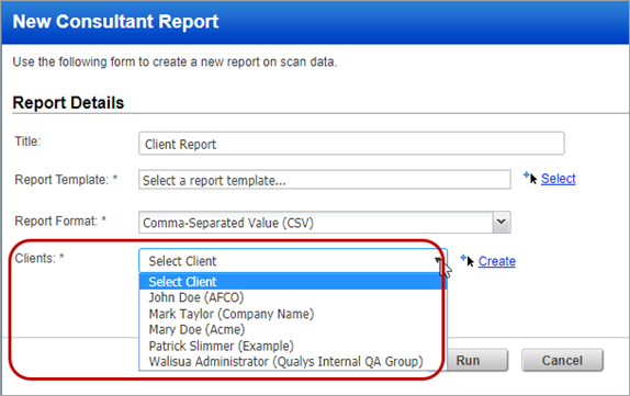 「New Consultant Report」ウィンドウの「Clients」オプション