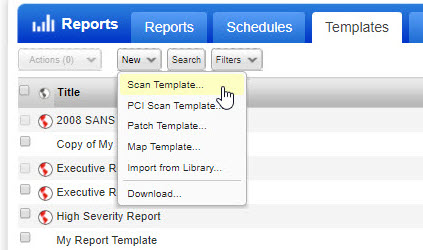 「Templates」の「New Scan Template」メニューオプション