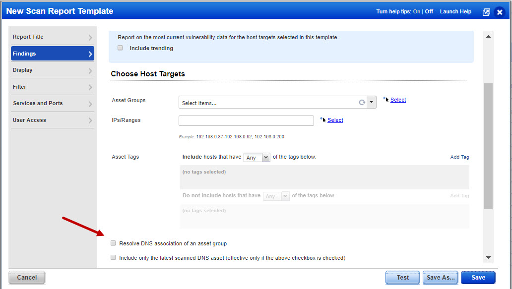 「Scan Report Template」の「Resolve DNS association of asset group」オプション